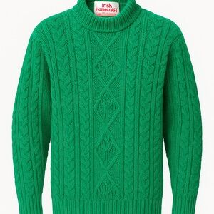 Irish Homecraft 100% Oiled Wool Aran Sweater L Green Cable Knit Made in Ireland